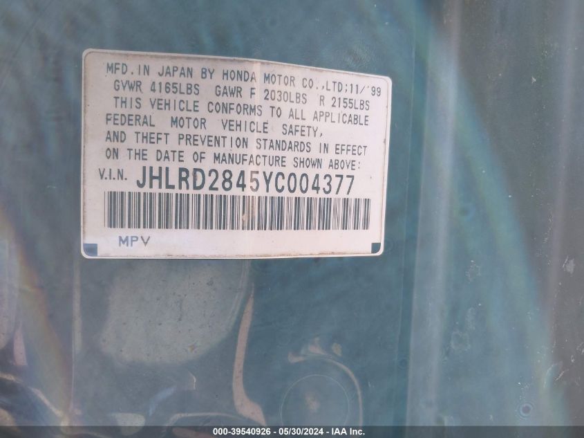 2000 Honda Cr-V Lx VIN: JHLRD2845YC004377 Lot: 39540926