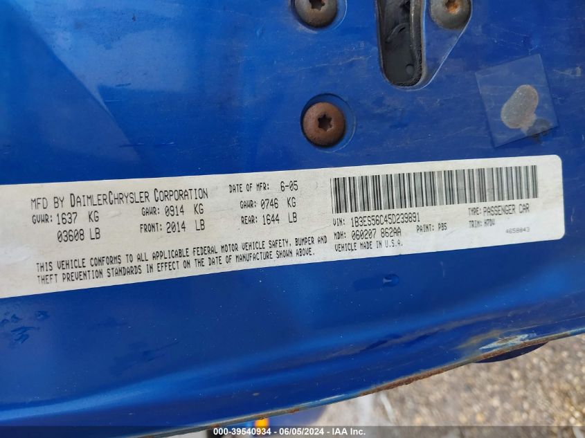 2005 Dodge Neon Sxt VIN: 1B3ES56C45D239891 Lot: 39540934