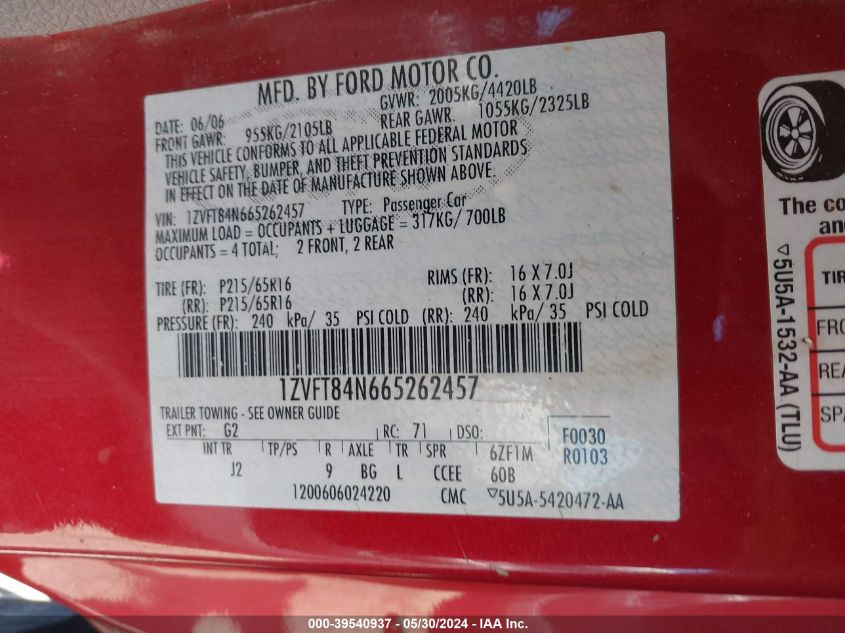 2006 Ford Mustang V6 VIN: 1ZVFT84N665262457 Lot: 39540937
