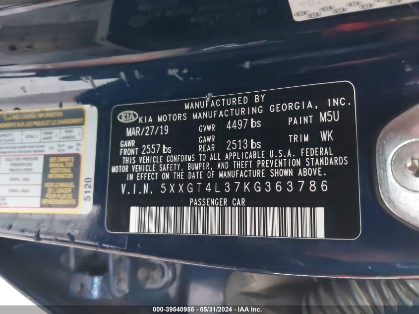 2019 Kia Optima Lx VIN: 5XXGT4L37KG363786 Lot: 39540955