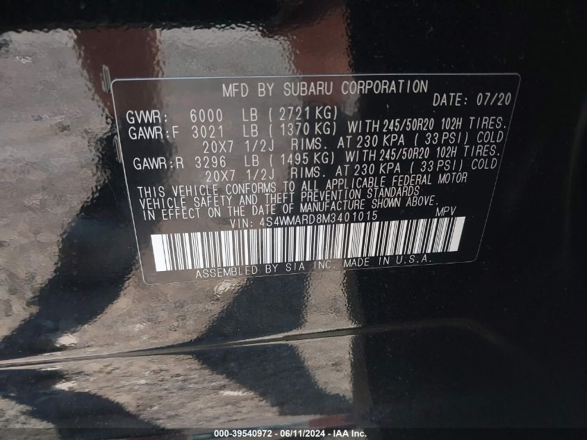 2021 Subaru Ascent Touring VIN: 4S4WMARD8M3401015 Lot: 39540972