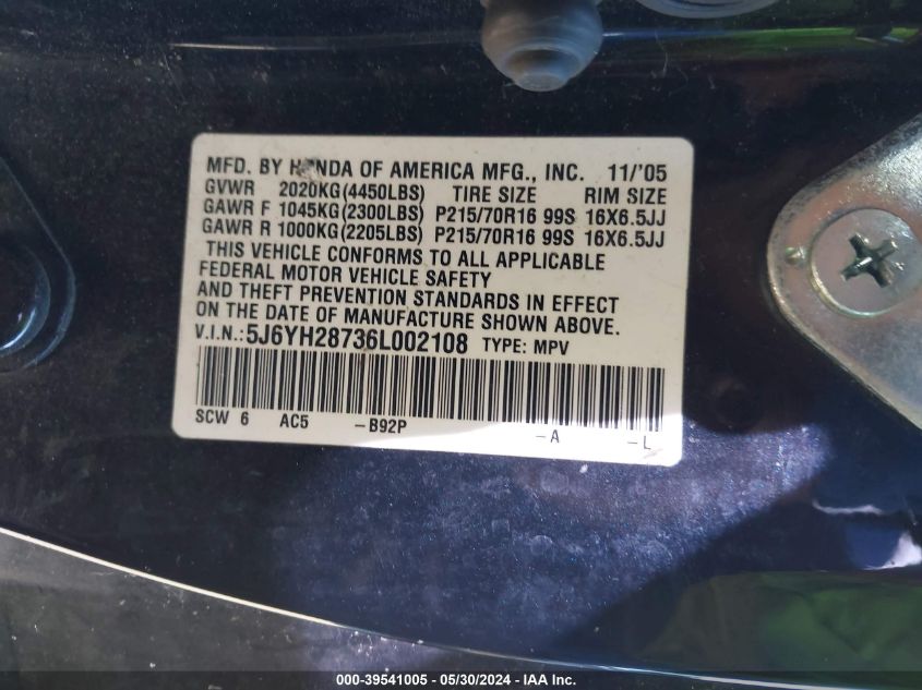 2006 Honda Element Ex-P VIN: 5J6YH28736L002108 Lot: 39541005