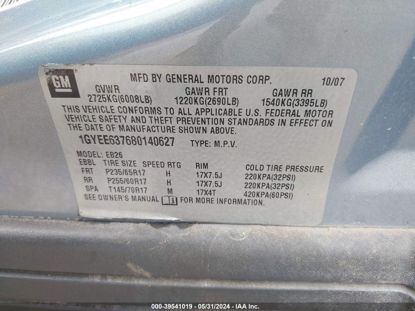 2008 Cadillac Srx V6 VIN: 1GYEE637680140627 Lot: 39541019