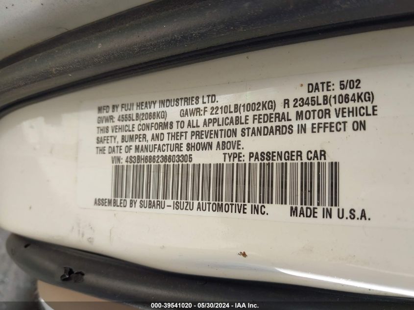 2003 Subaru Outback Limited VIN: 4S3BH686236603305 Lot: 39541020