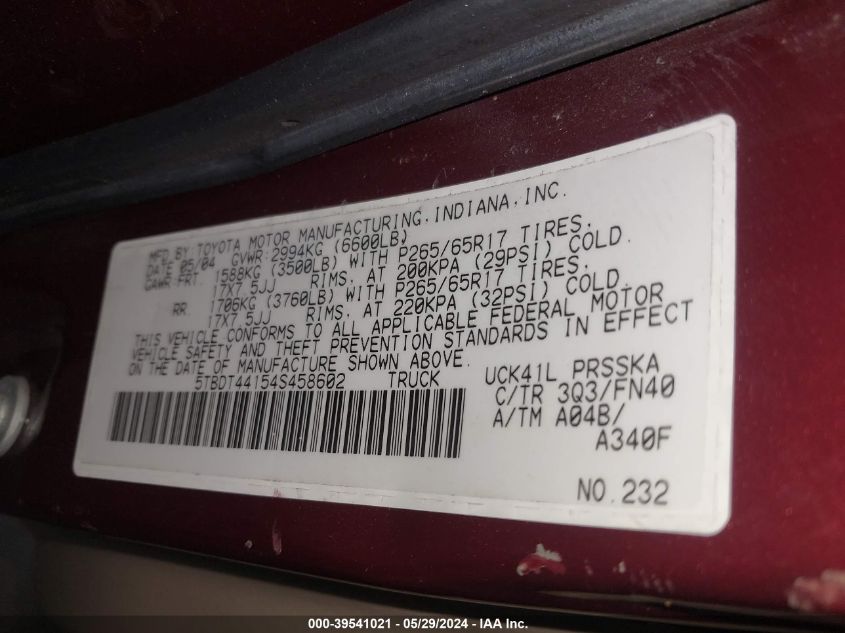 2004 Toyota Tundra Sr5 V8 VIN: 5TBDT44154S458602 Lot: 39541021