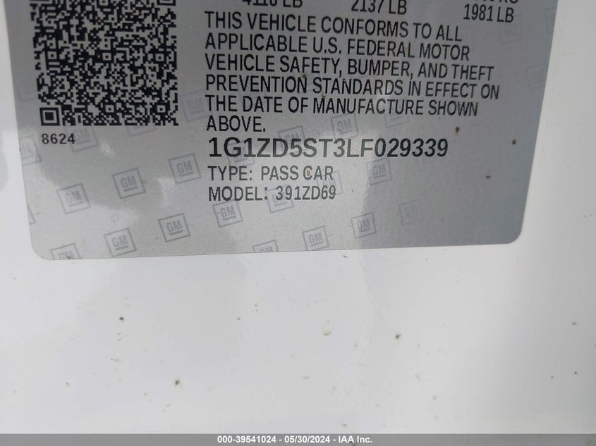 2020 Chevrolet Malibu Fwd Lt VIN: 1G1ZD5ST3LF029339 Lot: 39541024