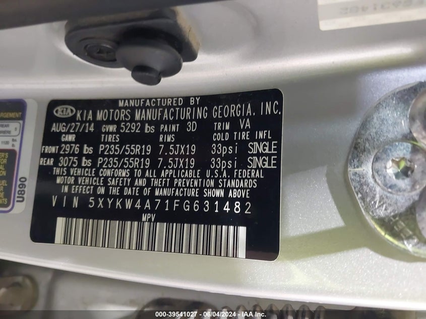 2015 Kia Sorento Sx V6 VIN: 5XYKW4A71FG631482 Lot: 39541027