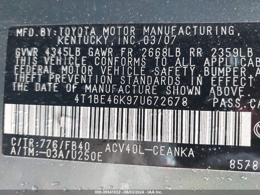 2007 Toyota Camry Le VIN: 4T1BE46K97U672678 Lot: 39541032