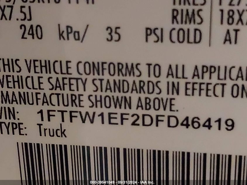 2013 Ford F-150 Xlt VIN: 1FTFW1EF2DFD46419 Lot: 39541049