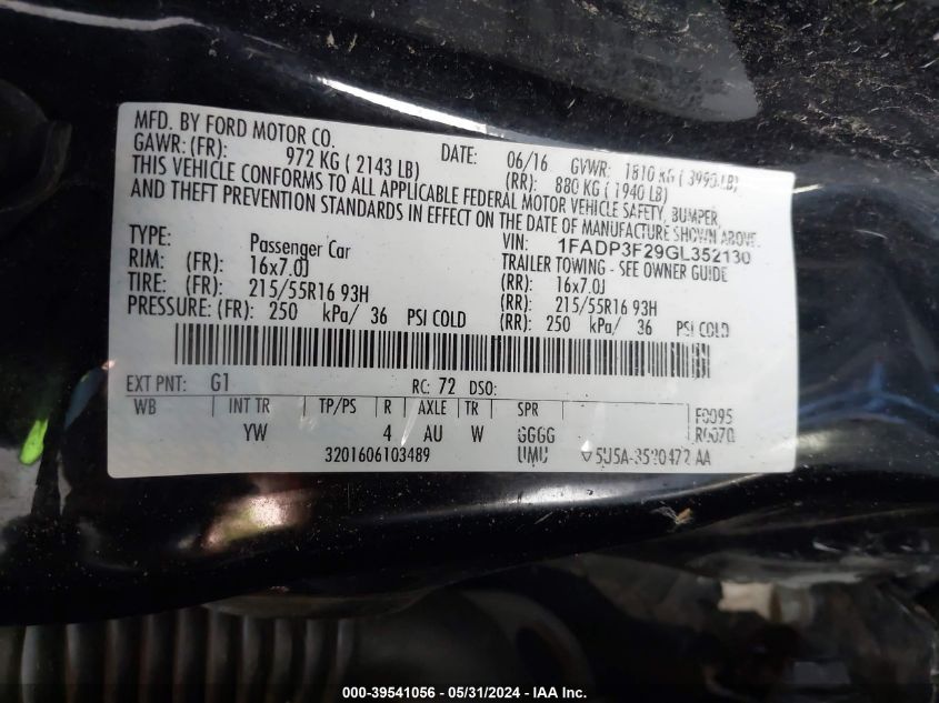 2016 Ford Focus Se VIN: 1FADP3F29GL352130 Lot: 39541056