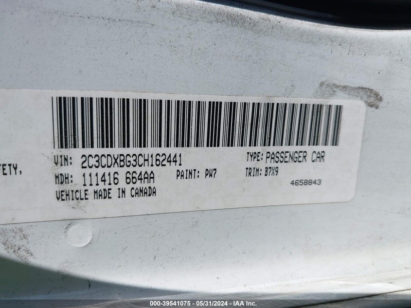 2012 Dodge Charger Se VIN: 2C3CDXBG3CH162441 Lot: 39541075