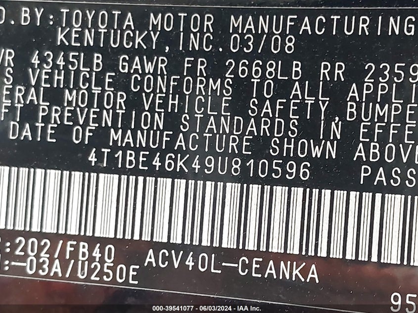 2009 Toyota Camry Le VIN: 4T1BE46K49U810596 Lot: 39541077