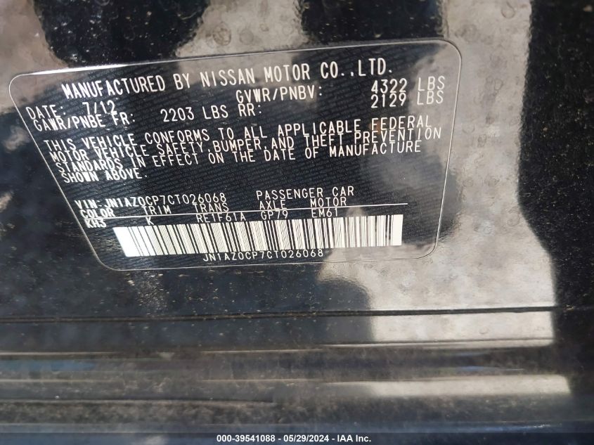 2012 Nissan Leaf Sl VIN: JN1AZ0CP7CT026068 Lot: 39541088