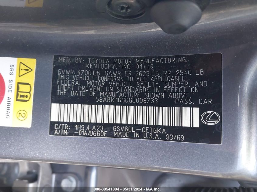 2016 Lexus Es 350 VIN: 58ABK1GG0GU008733 Lot: 39541094