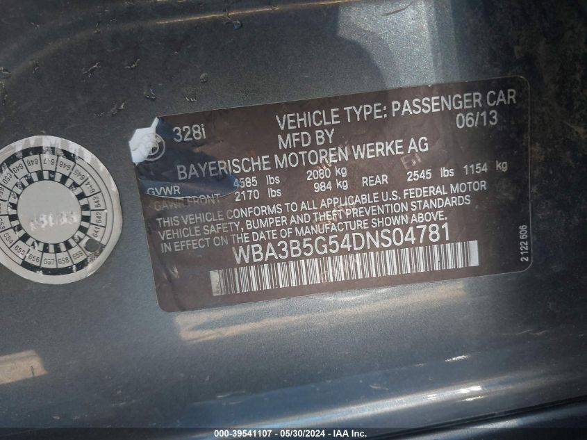 2013 BMW 328I xDrive VIN: WBA3B5G54DNS04781 Lot: 39541107
