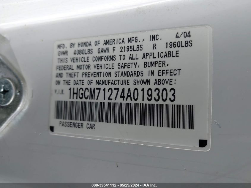 2004 Honda Accord 2.4 Lx VIN: 1HGCM71274A019303 Lot: 39541112