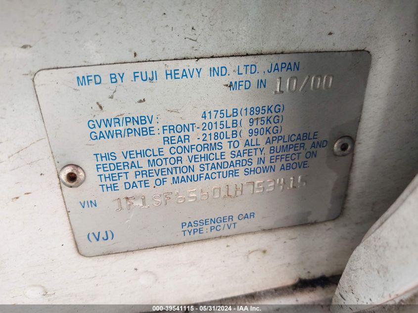 2001 Subaru Forester S VIN: JF1SF65601H753415 Lot: 39541115