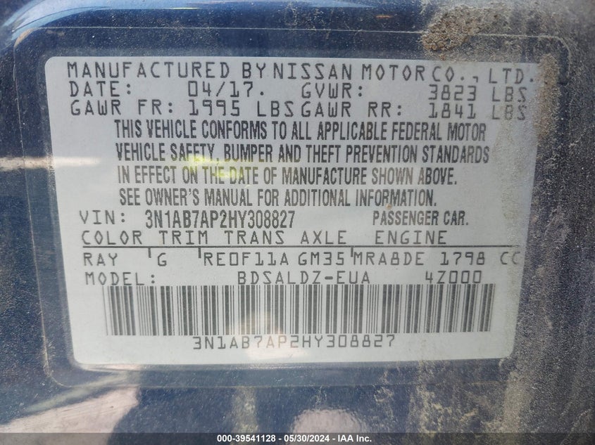 2017 Nissan Sentra Sv VIN: 3N1AB7AP2HY308827 Lot: 39541128