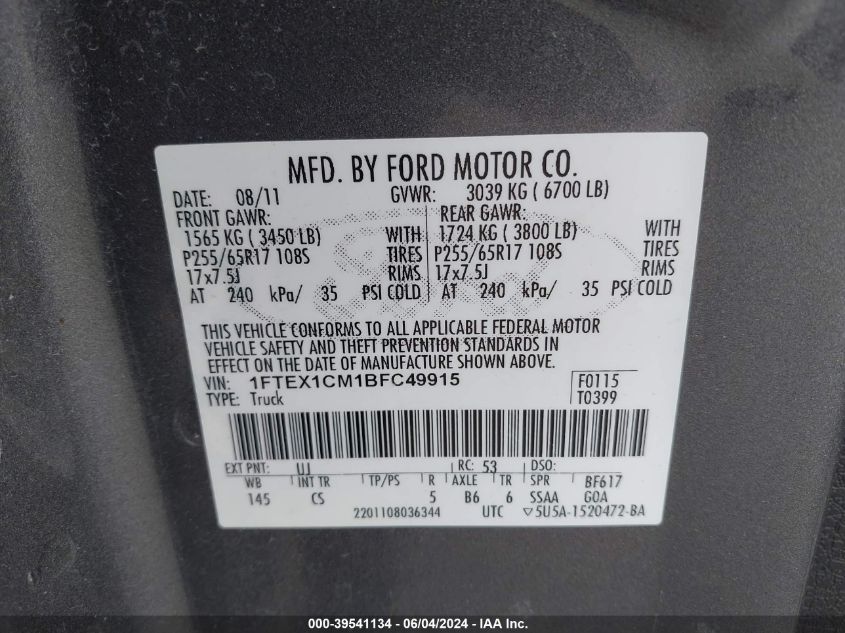 2011 Ford F-150 Stx VIN: 1FTEX1CM1BFC49915 Lot: 39541134