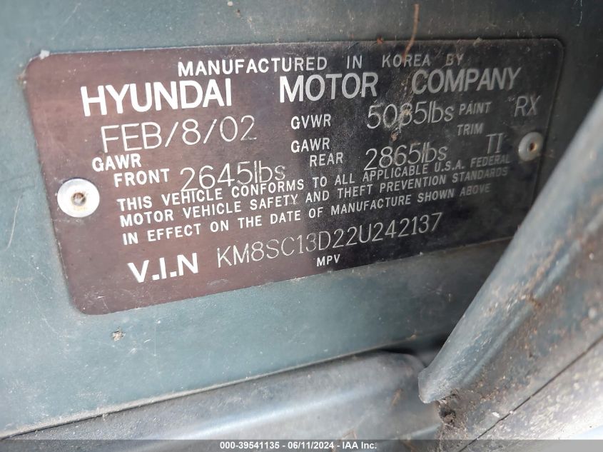 2002 Hyundai Santa Fe Gls/Lx VIN: KM8SC13D22U242137 Lot: 39541135