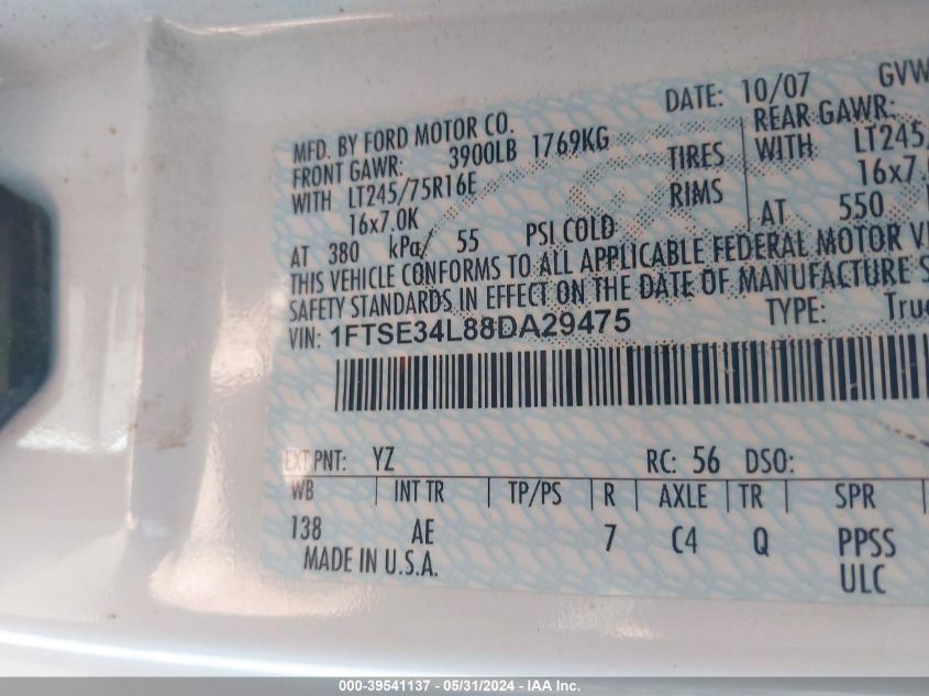 2008 Ford E-350 Super Duty Commercial/Recreational VIN: 1FTSE34L88DA29475 Lot: 39541137
