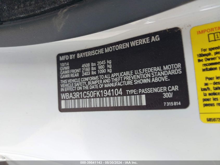 2015 BMW 435I VIN: WBA3R1C50FK194104 Lot: 39541143