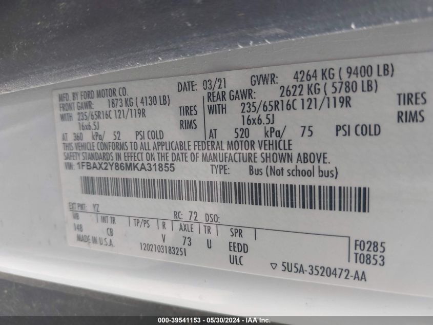 2021 Ford Transit-350 Passenger Van Xlt VIN: 1FBAX2Y86MKA31855 Lot: 39541153