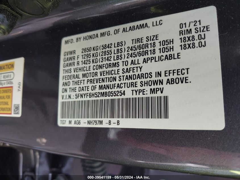 2021 Honda Pilot Awd Ex-L VIN: 5FNYF6H52MB055254 Lot: 39541159