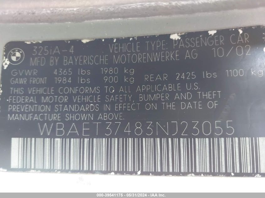 2003 BMW 325I VIN: WBAET37483NJ23055 Lot: 39541175