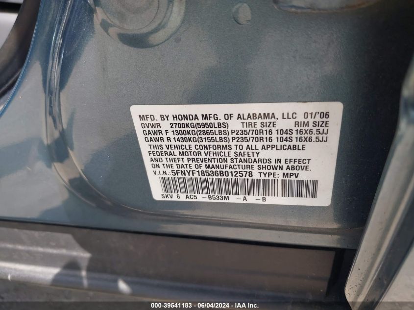 2006 Honda Pilot Ex-L VIN: 5FNYF18536B012578 Lot: 39541183