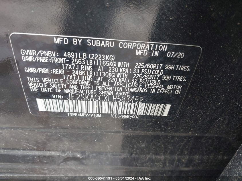 2020 Subaru Forester Premium VIN: JF2SKAGCXLH583452 Lot: 39541191