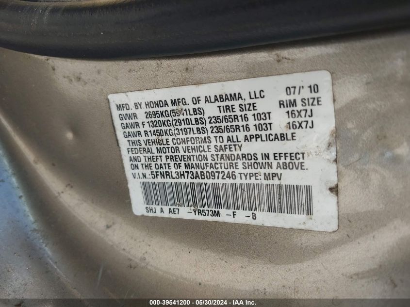 2010 Honda Odyssey Ex-L VIN: 5FNRL3H73AB097246 Lot: 39541200