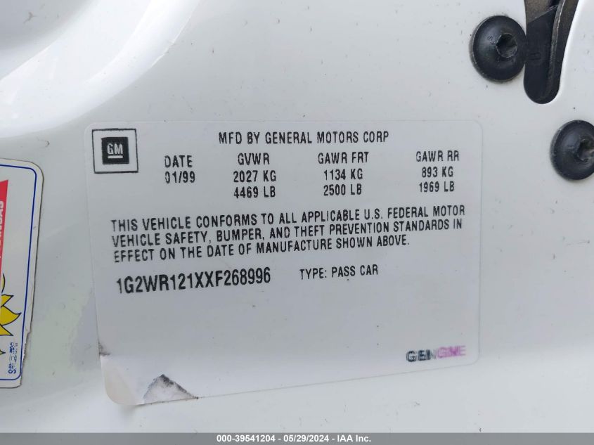 1999 Pontiac Grand Prix Gtp VIN: 1G2WR121XXF268996 Lot: 39541204
