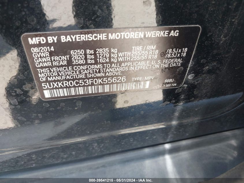2015 BMW X5 xDrive35I VIN: 5UXKR0C53F0K55626 Lot: 39541215