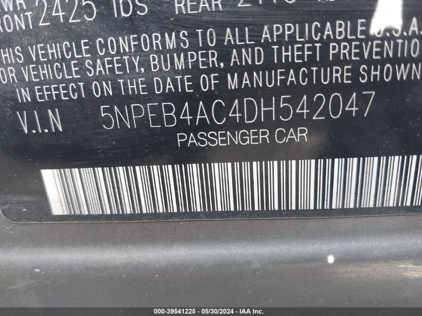 2013 Hyundai Sonata Gls VIN: 5NPEB4AC4DH542047 Lot: 39541225