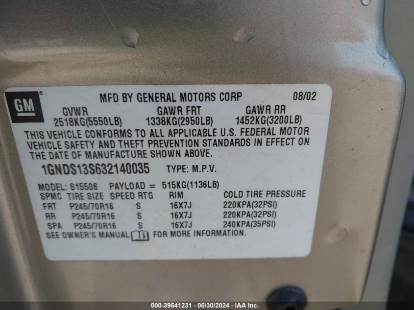 2003 Chevrolet Trailblazer Ls VIN: 1GNDS13S632140035 Lot: 39541231