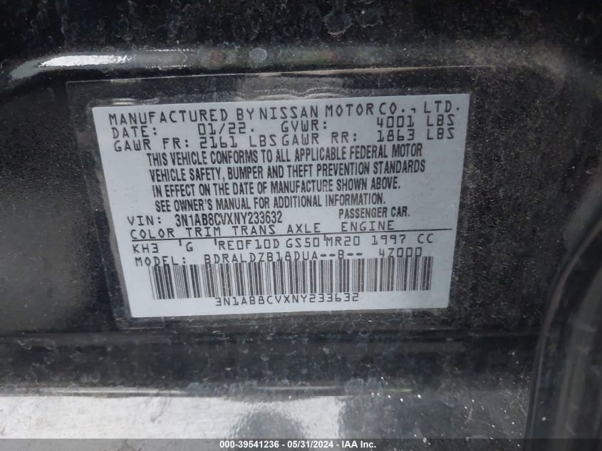 2022 Nissan Sentra Sv Xtronic Cvt VIN: 3N1AB8CVXNY233632 Lot: 39541236