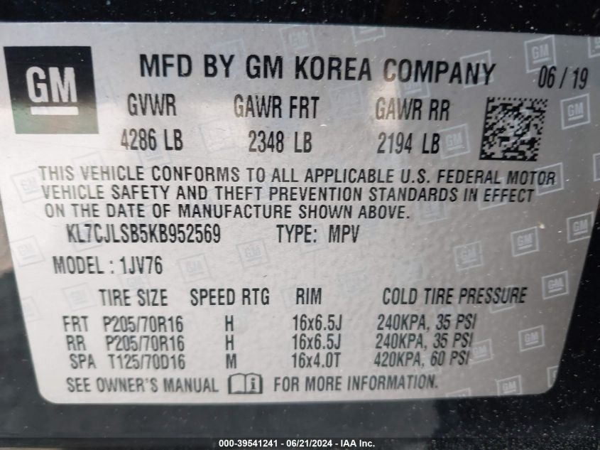 2019 Chevrolet Trax 1Lt VIN: KL7CJLSB5KB952569 Lot: 39541241