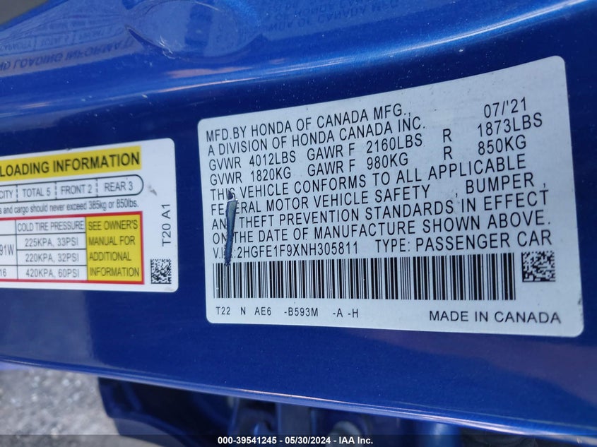 VIN 2HGFE1F9XNH305811 2022 HONDA CIVIC TOURING