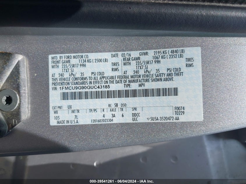 2016 Ford Escape Se VIN: 1FMCU9G90GUC43185 Lot: 39541261