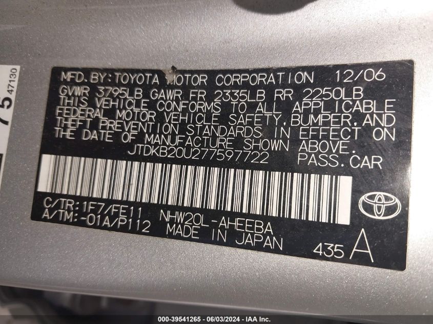 2007 Toyota Prius VIN: JTDKB20U277597722 Lot: 39541265