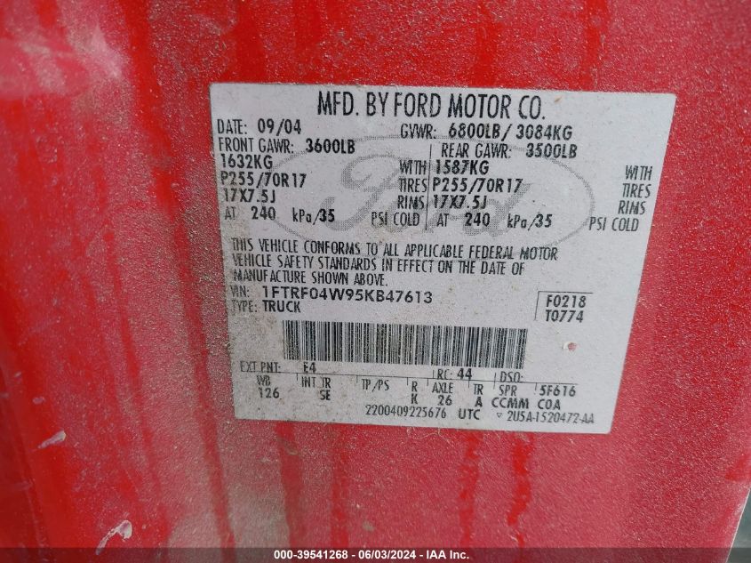 2005 Ford F-150 Stx/Xlt VIN: 1FTRF04W95KB47613 Lot: 39541268