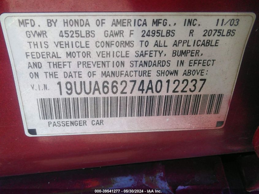 2004 Acura Tl VIN: 19UUA66274A012237 Lot: 39541277