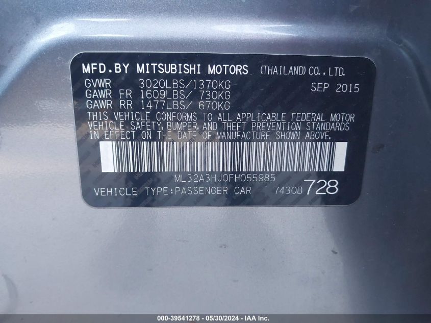 2015 Mitsubishi Mirage De VIN: ML32A3HJ0FH055985 Lot: 39541278