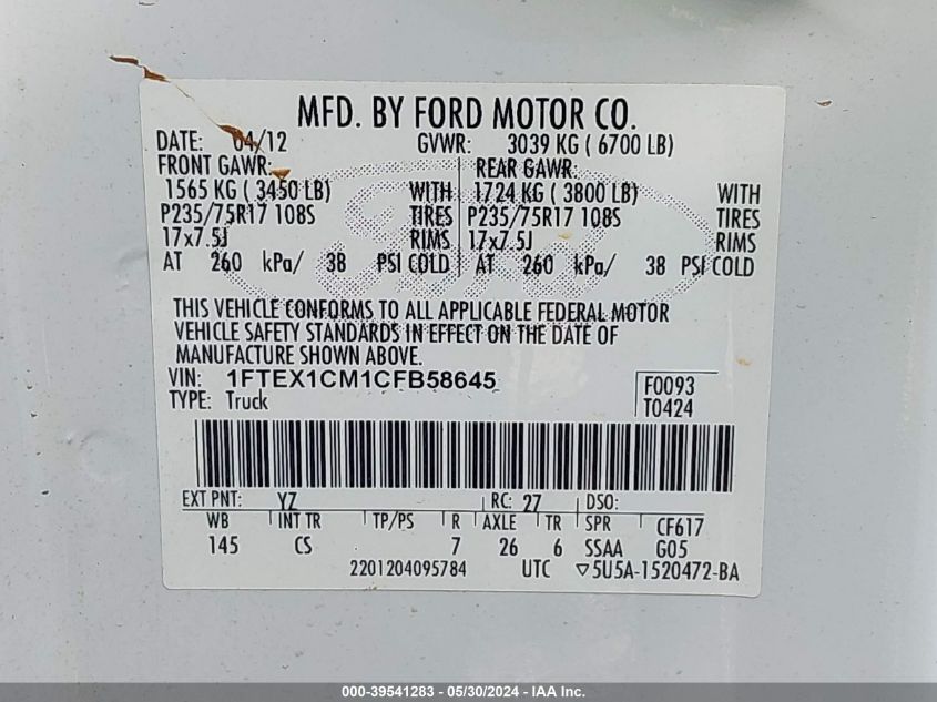 2012 Ford F-150 Super Cab VIN: 1FTEX1CM1CFB58645 Lot: 39541283