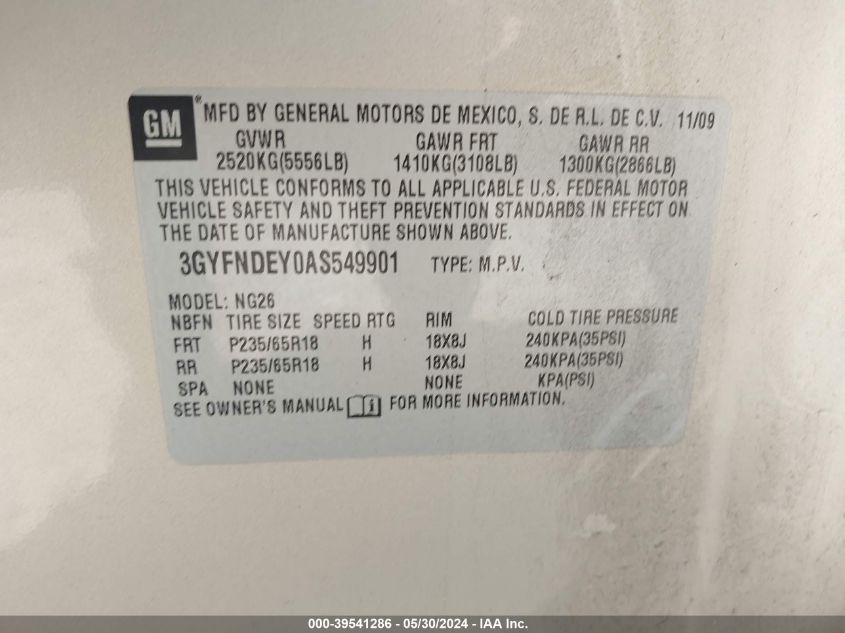 2010 Cadillac Srx Luxury Collection VIN: 3GYFNDEY0AS549901 Lot: 39541286