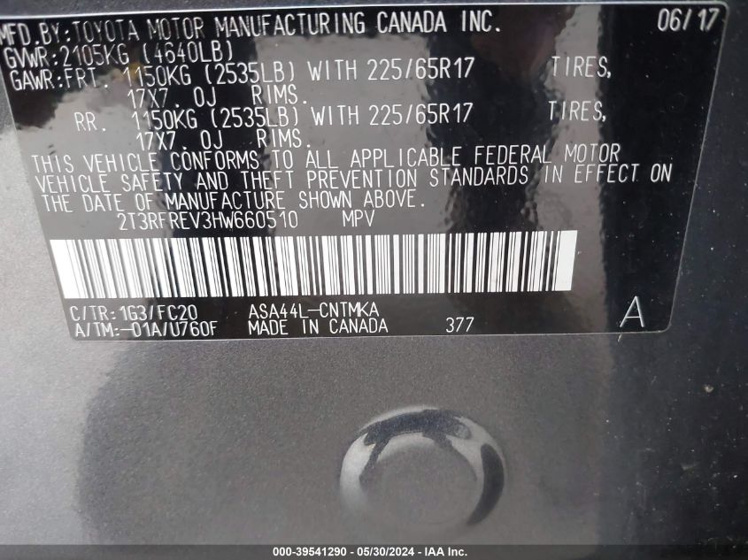 2017 Toyota Rav4 Xle VIN: 2T3RFREV3HW660510 Lot: 39541290
