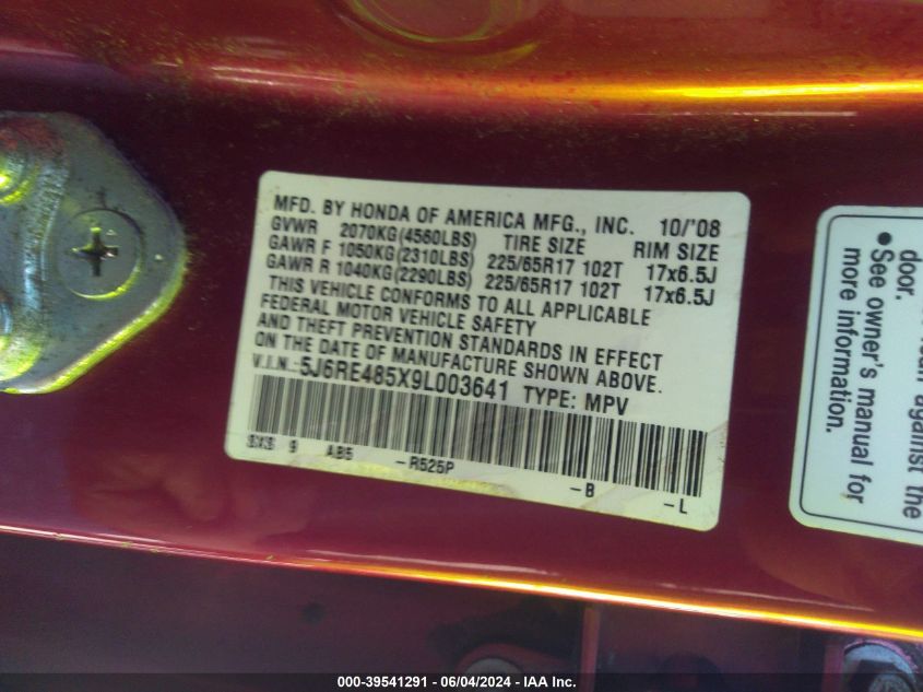 2009 Honda Cr-V Ex VIN: 5J6RE485X9L003641 Lot: 39541291