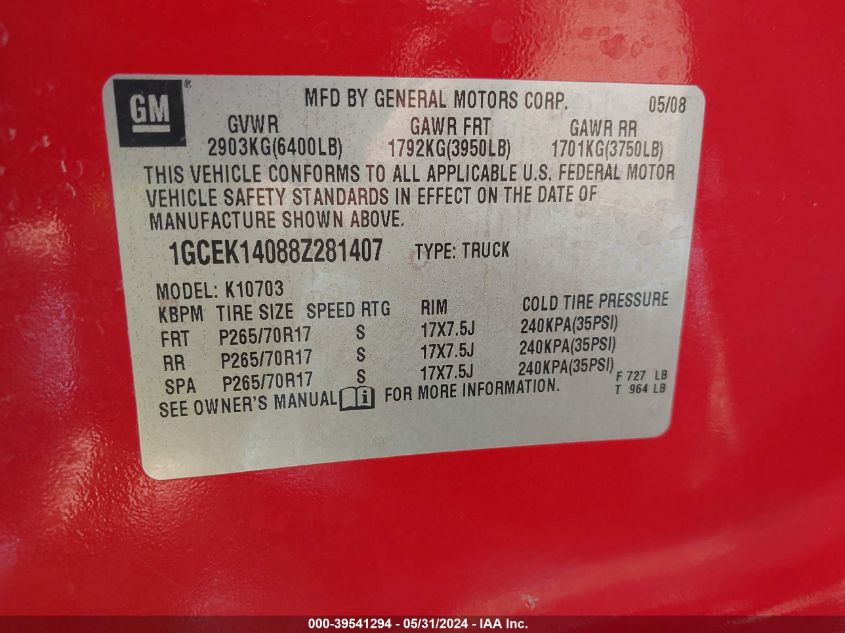 2008 Chevrolet Silverado 1500 Lt1 VIN: 1GCEK14088Z281407 Lot: 39541294
