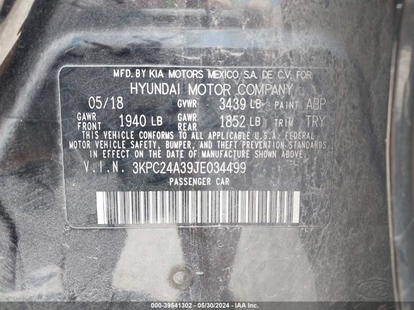 2018 Hyundai Accent Se VIN: 3KPC24A39JE034499 Lot: 39541302